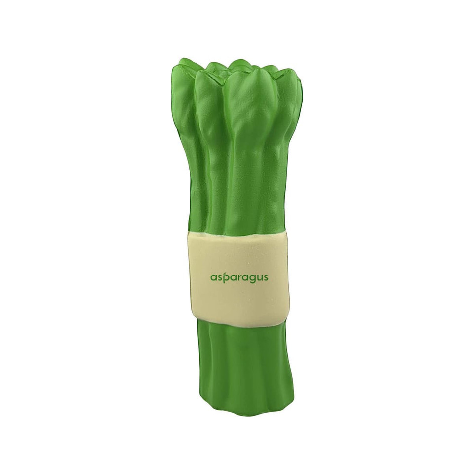 A green "Stress Asparagus" toy with a beige band, designed for stress relief. It has a soft, flexible texture.