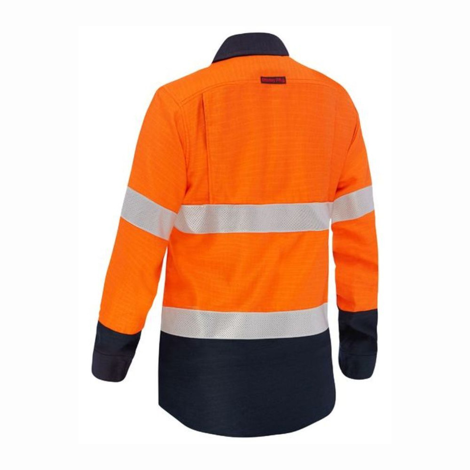 Back view of a long sleeve taped HiVis shirt in orange nnd navy