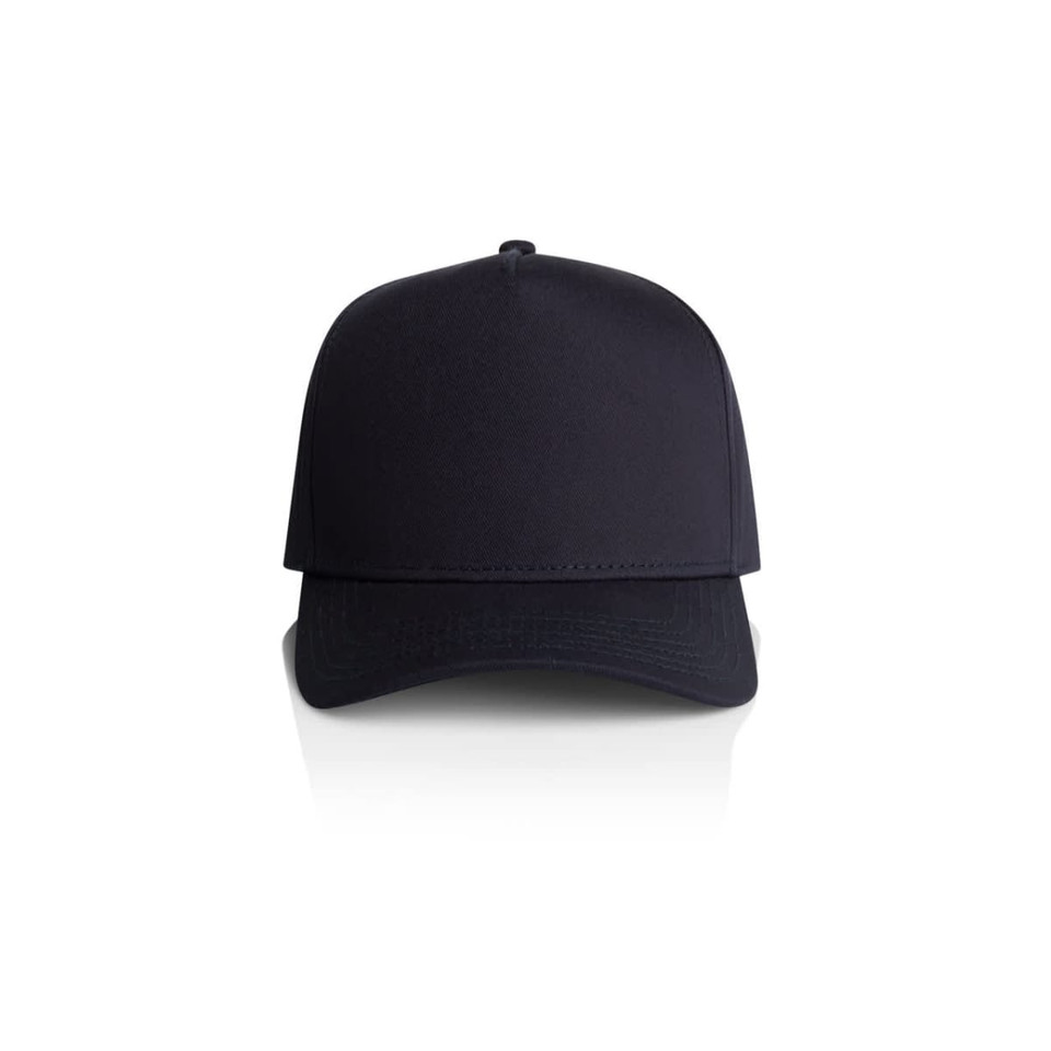 A black cap featuring a logo on the front, displaying a simple and sleek design.