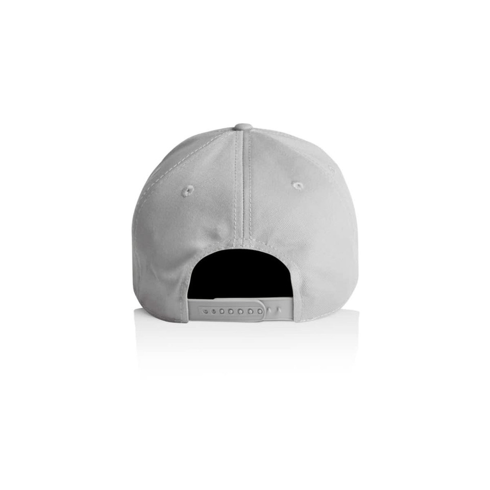 A grey cap featuring a rear adjustable strap and a logo on the back.