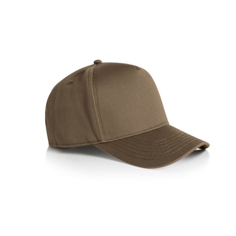 A brown cap with a structured design and a curved brim. It features a logo on the side.