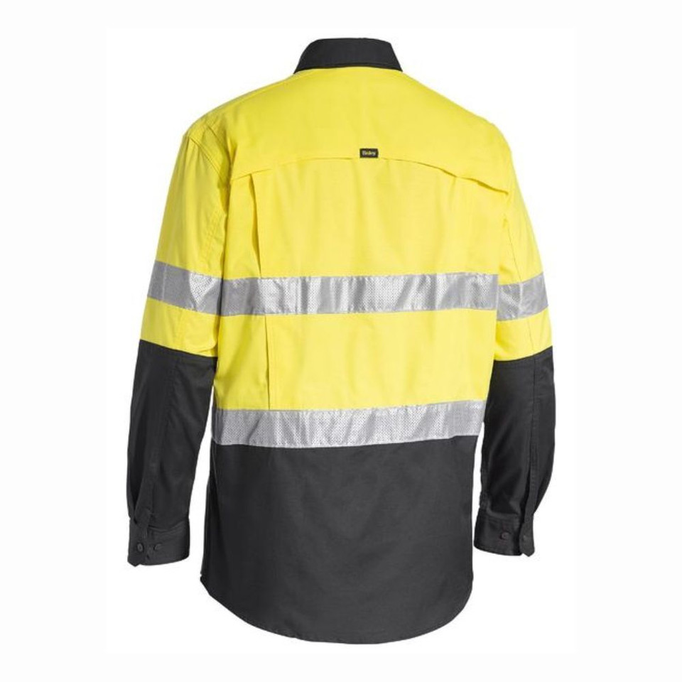 Back view of Hi-vis reflective safety work shirt in yellow and charcoal with long sleeves and contrasting colors.