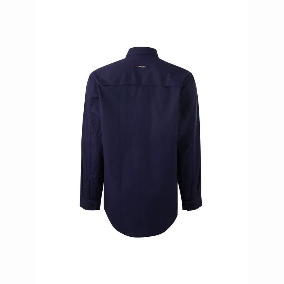 Back view of navy blue long-sleeve button-up shirt with chest pockets.