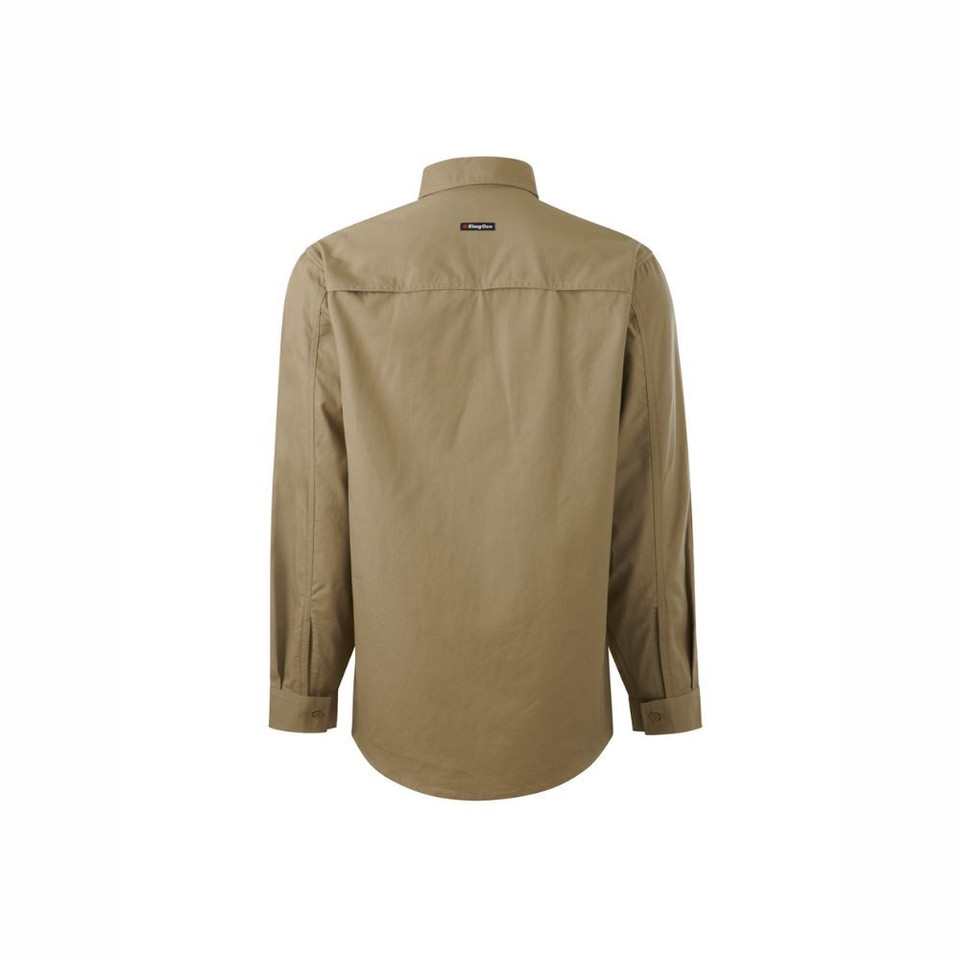 Back view of Khaki long-sleeve button-up shirt with chest pockets.