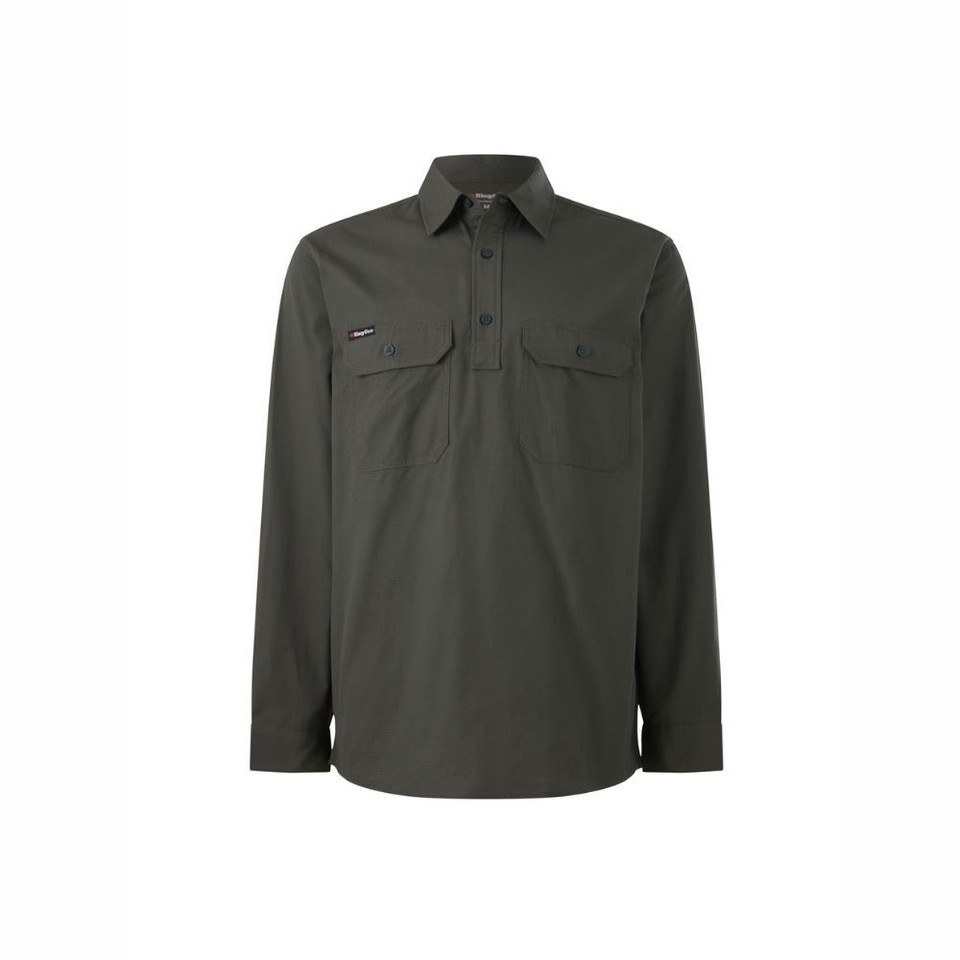 Dark green long-sleeve button-up shirt with chest pockets.