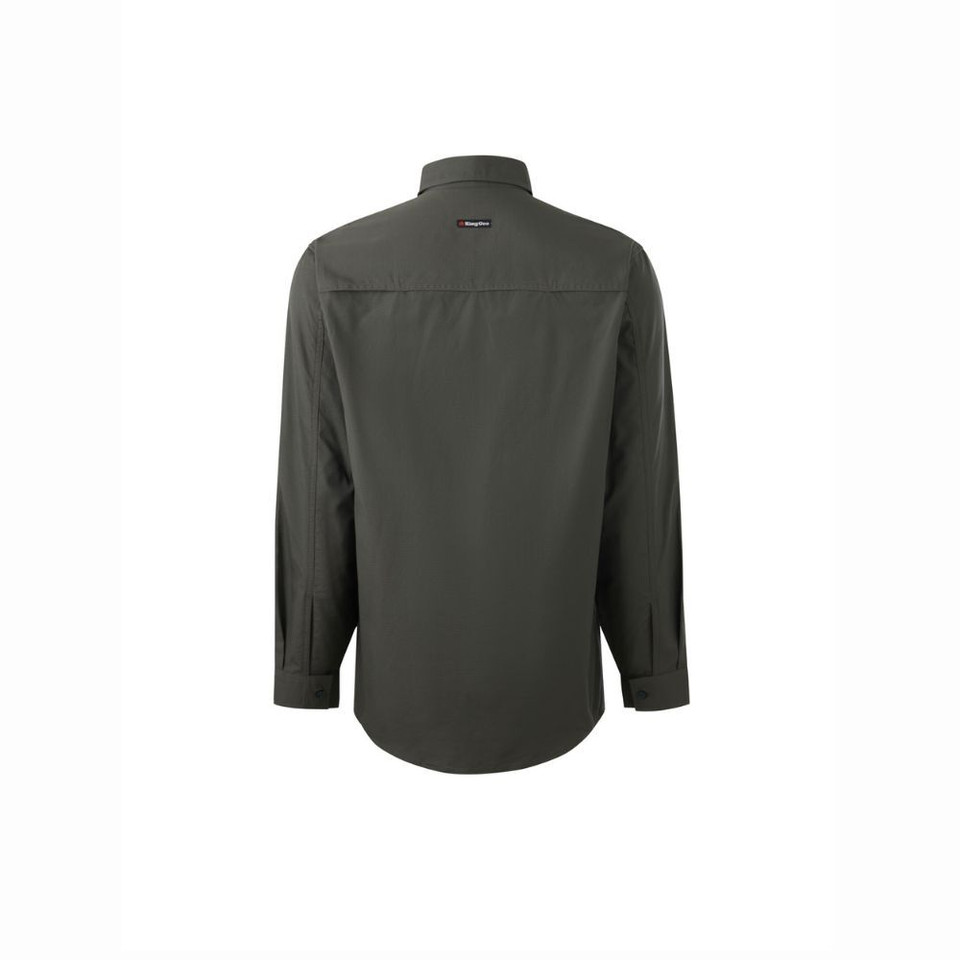 Back view of dark green long-sleeve button-up shirt with chest pockets.