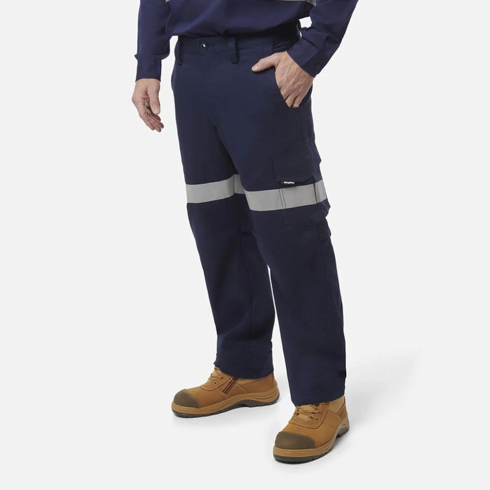 Navy blue work pants with reflective tape