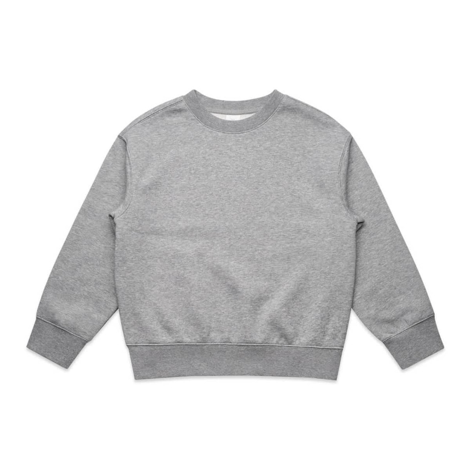 A grey crew jumper featuring long sleeves and a ribbed hem. Includes a logo on the front.