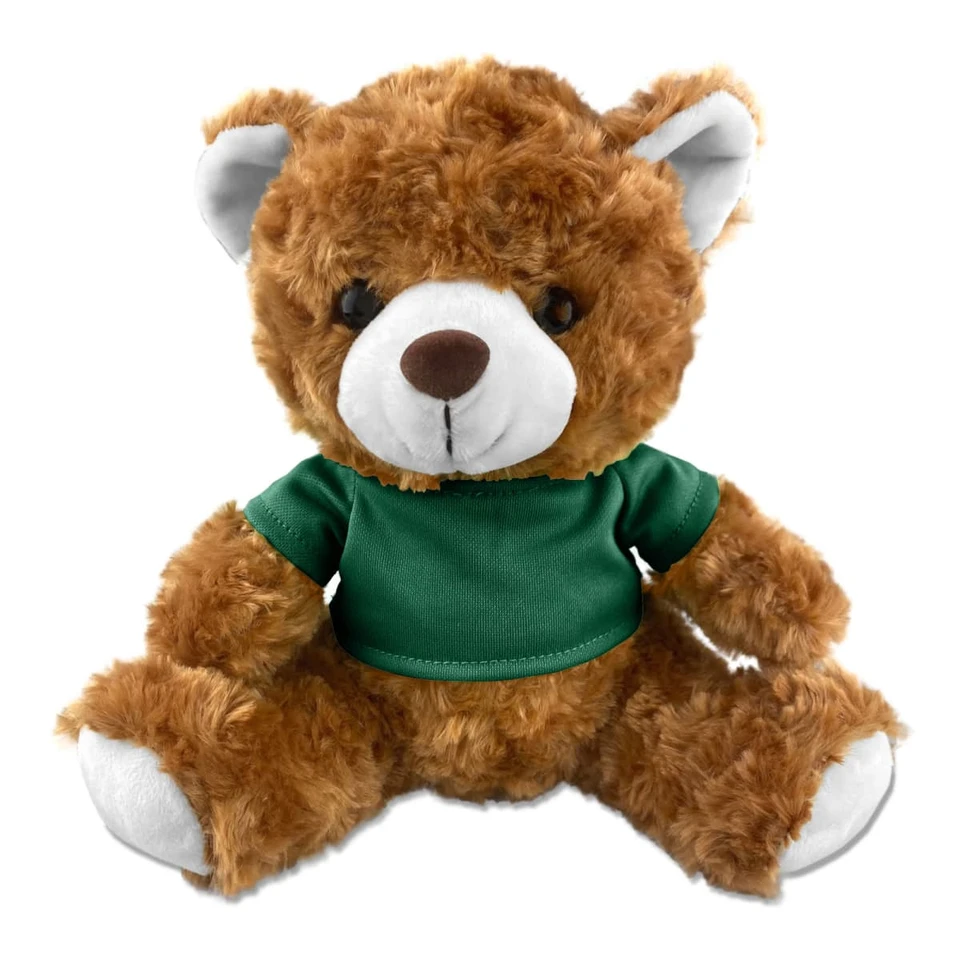 A plush teddy bear in brown fur, wearing a green shirt, with black eyes and white inner ears. It has a logo on the shirt.
