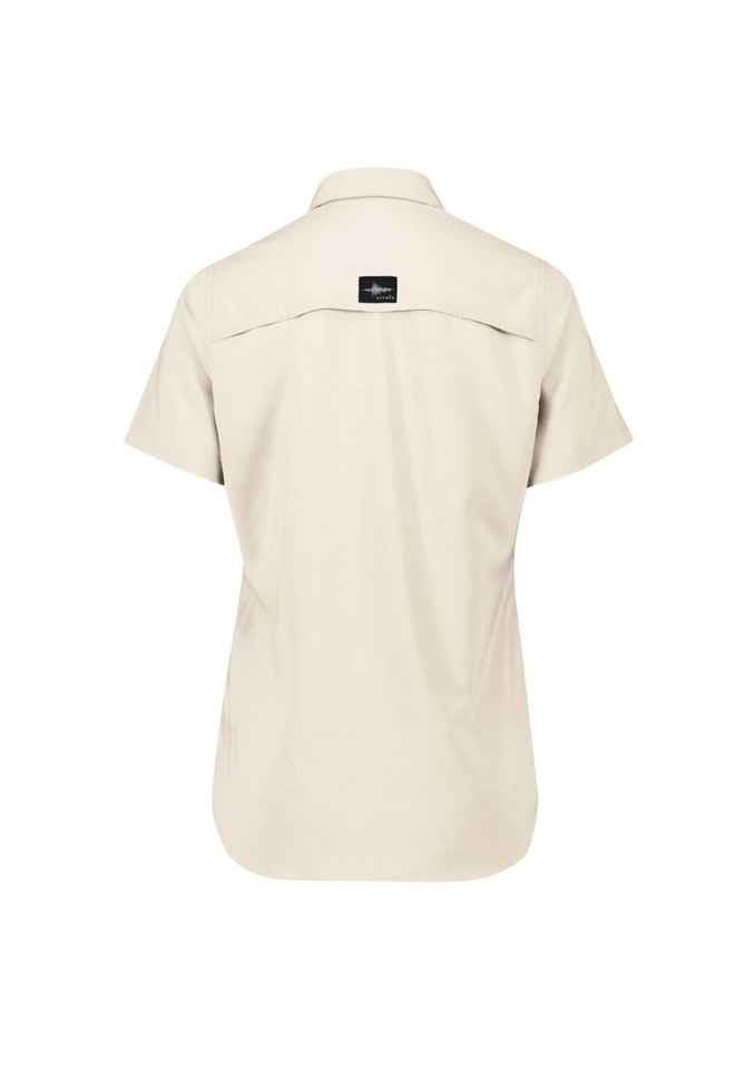 A short sleeve women's outdoor shirt in beige with a logo on the back.
