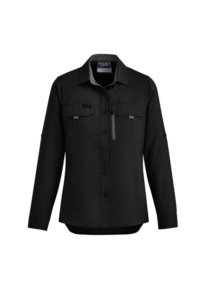 A black women's long sleeve outdoor button-up shirt with multiple pockets and a logo.