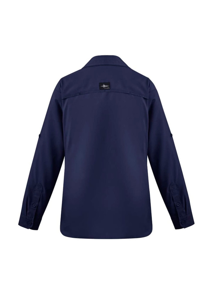 A women's long sleeve button-up shirt in navy blue, featuring a logo on the back.