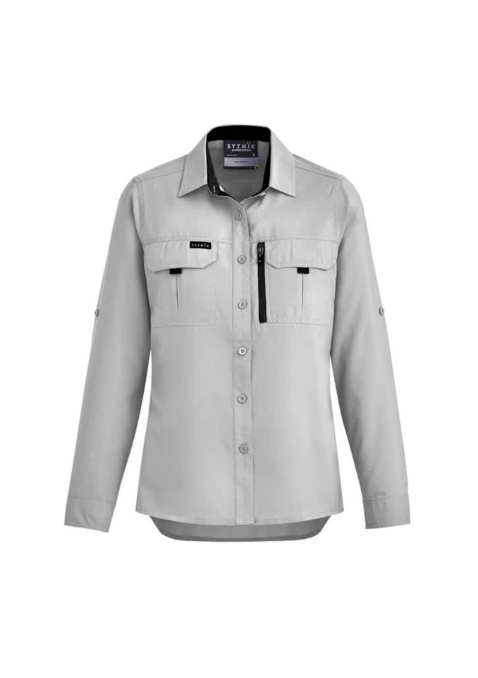 A light grey women's outdoor long sleeve button-up shirt with two chest pockets and a logo.