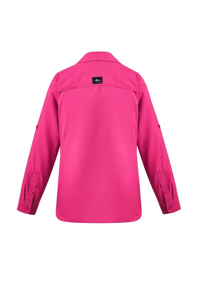 A pink women's outdoor long sleeve button-up shirt with a logo on the back. Features roll-up sleeves.
