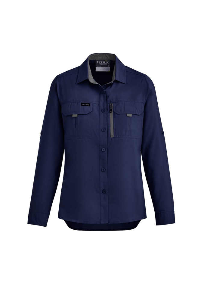 A navy long sleeve button-up shirt for women featuring pockets and a logo.