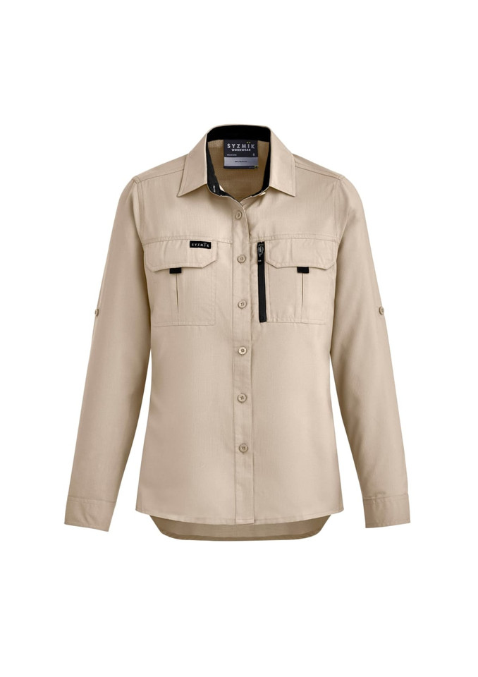 A long-sleeve women's button-up shirt in khaki, featuring two chest pockets and a zip pocket, with branding.
