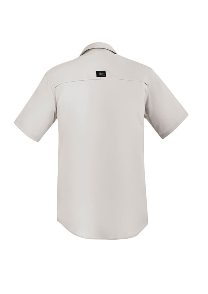 A light grey short sleeve button-up shirt with a logo on the back.
