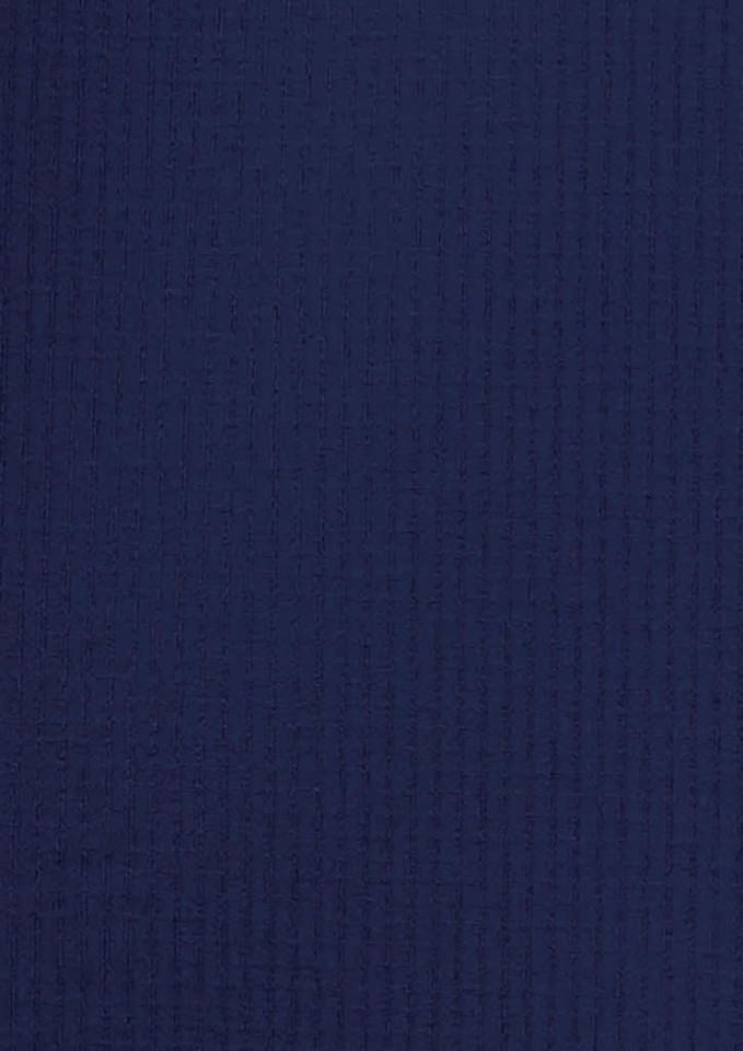 A navy blue short sleeve button-up shirt with a textured fabric, featuring a logo.