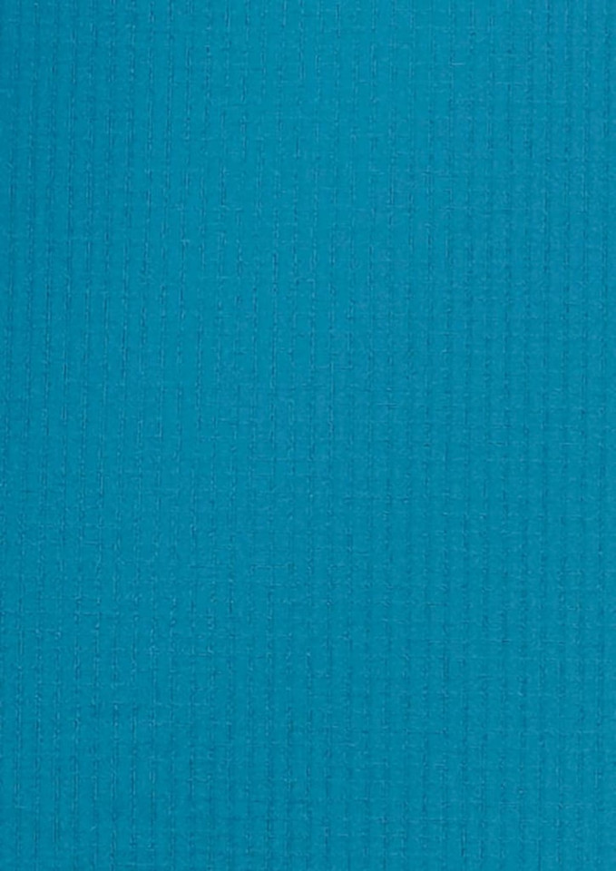 A textured fabric in a bright teal colour, suitable for a men's outdoor short sleeve shirt, featuring a logo.