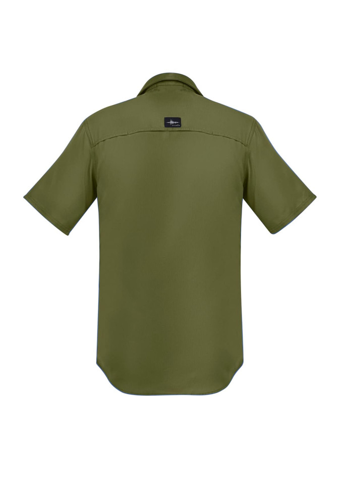 A short-sleeve men's button-up shirt in olive green, featuring a small logo on the back.
