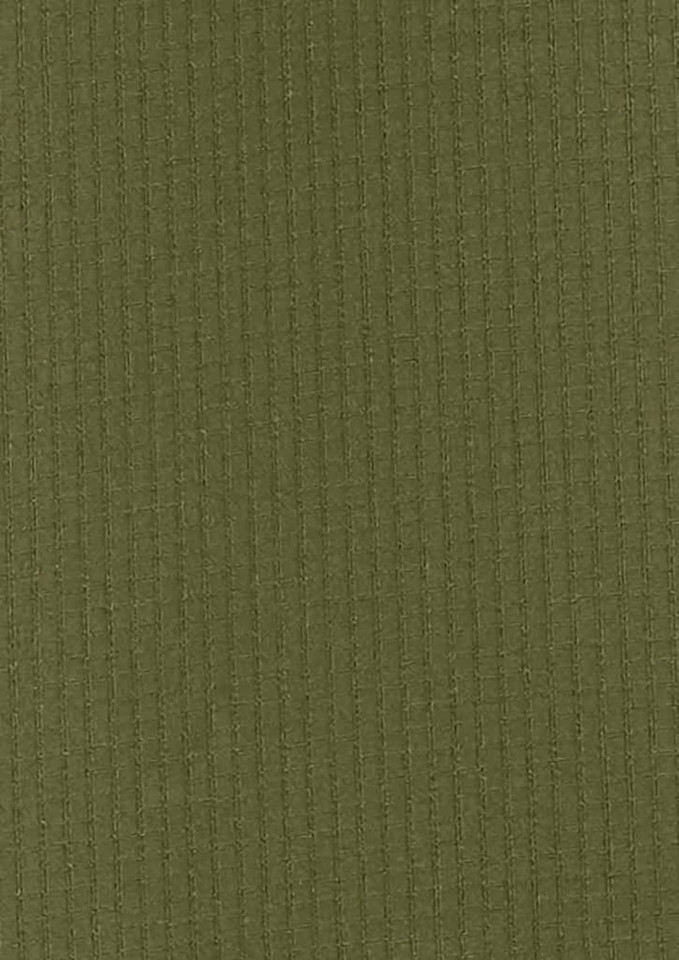 A khaki long sleeve button-up shirt with a textured fabric. The shirt features a logo on the chest.