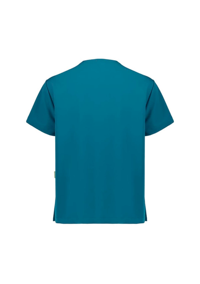 A unisex pulse v-neck scrub top in teal, featuring short sleeves and a logo on the back.