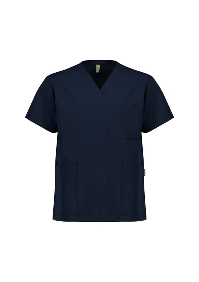 A navy unisex V-neck scrub top with short sleeves and multiple pockets. It features a branding logo.