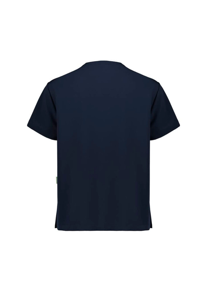 A unisex pulse v-neck scrub top in navy, featuring short sleeves and a simple design with a logo.