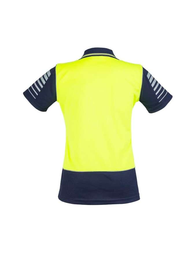 A high-visibility short sleeve polo shirt in bright yellow and navy blue, featuring a logo and striped details on the sleeves.