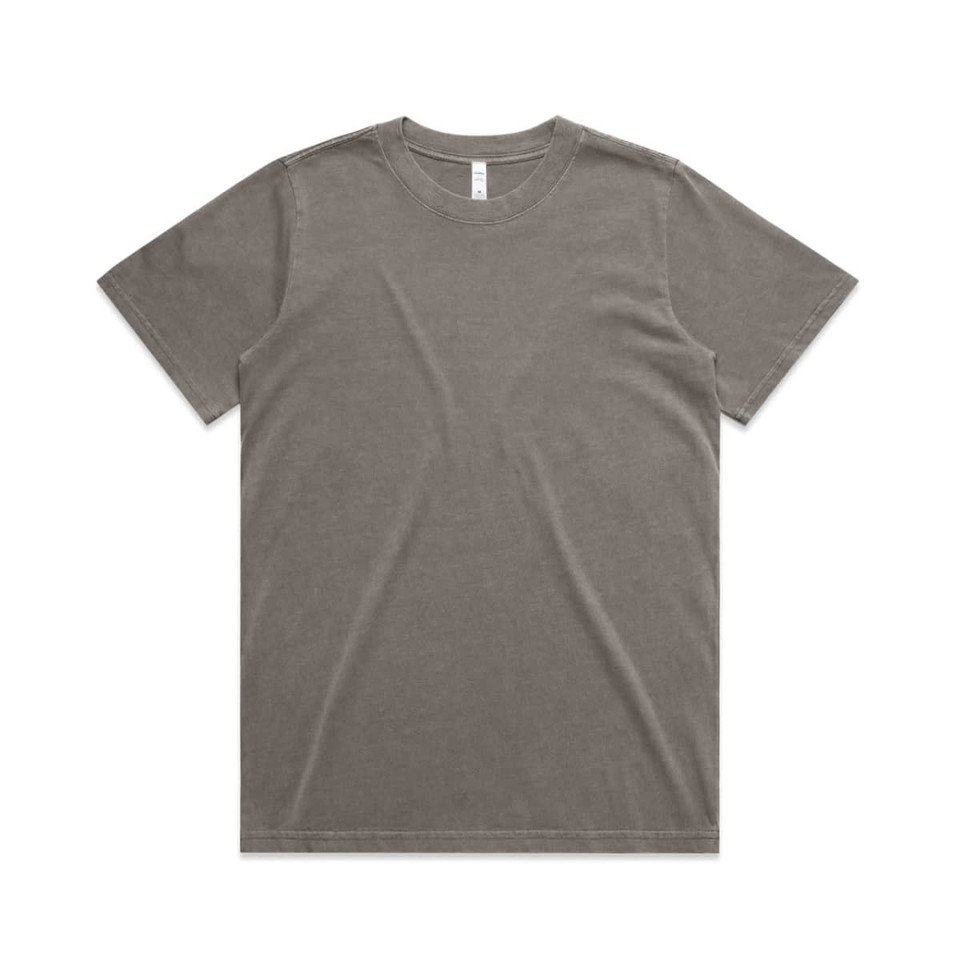 A heavy faded green t-shirt with a crew neck, featuring a logo.
