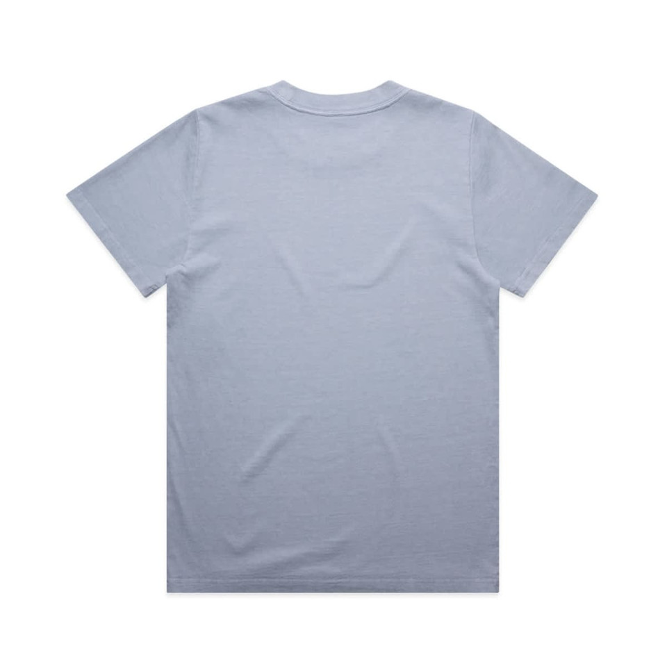A pale blue t-shirt featuring a basic crew neckline and short sleeves, with a branding logo on the back.