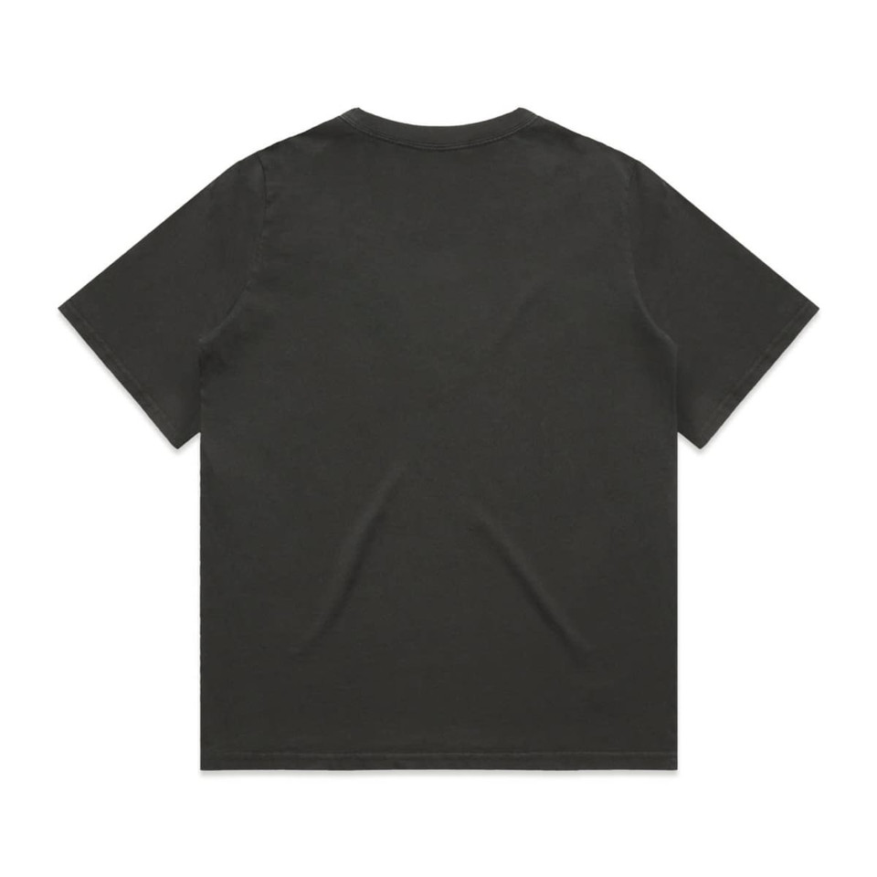 A faded black t-shirt with short sleeves and a casual fit, featuring a logo on the back.