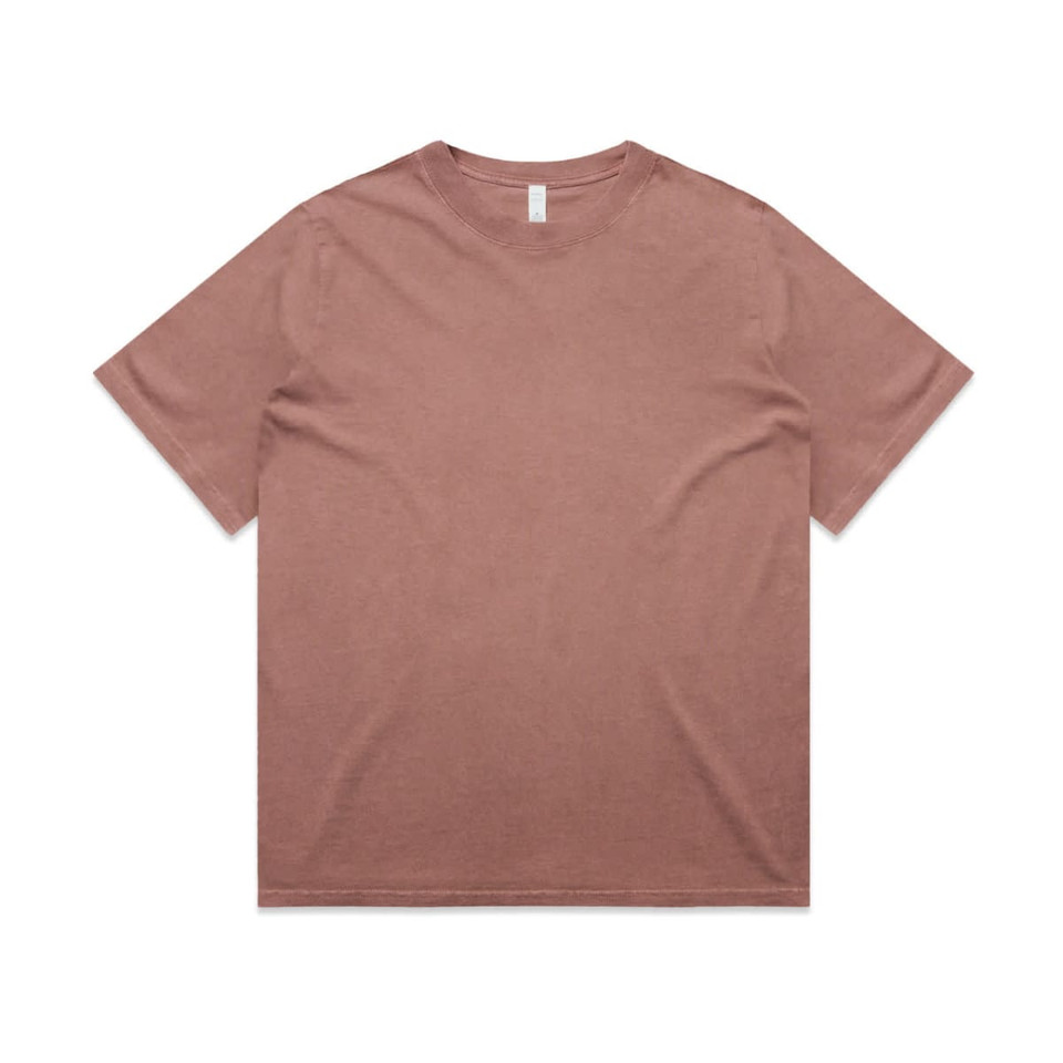 A heavy faded tee in a muted terracotta colour, featuring a simple design and a branding logo.