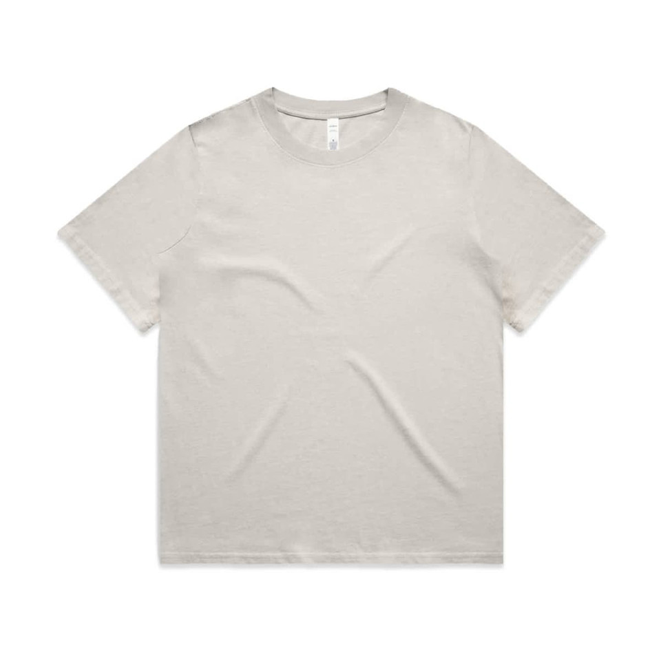 A beige heavy faded t-shirt with a classic crew neckline and short sleeves, featuring a branded label inside.