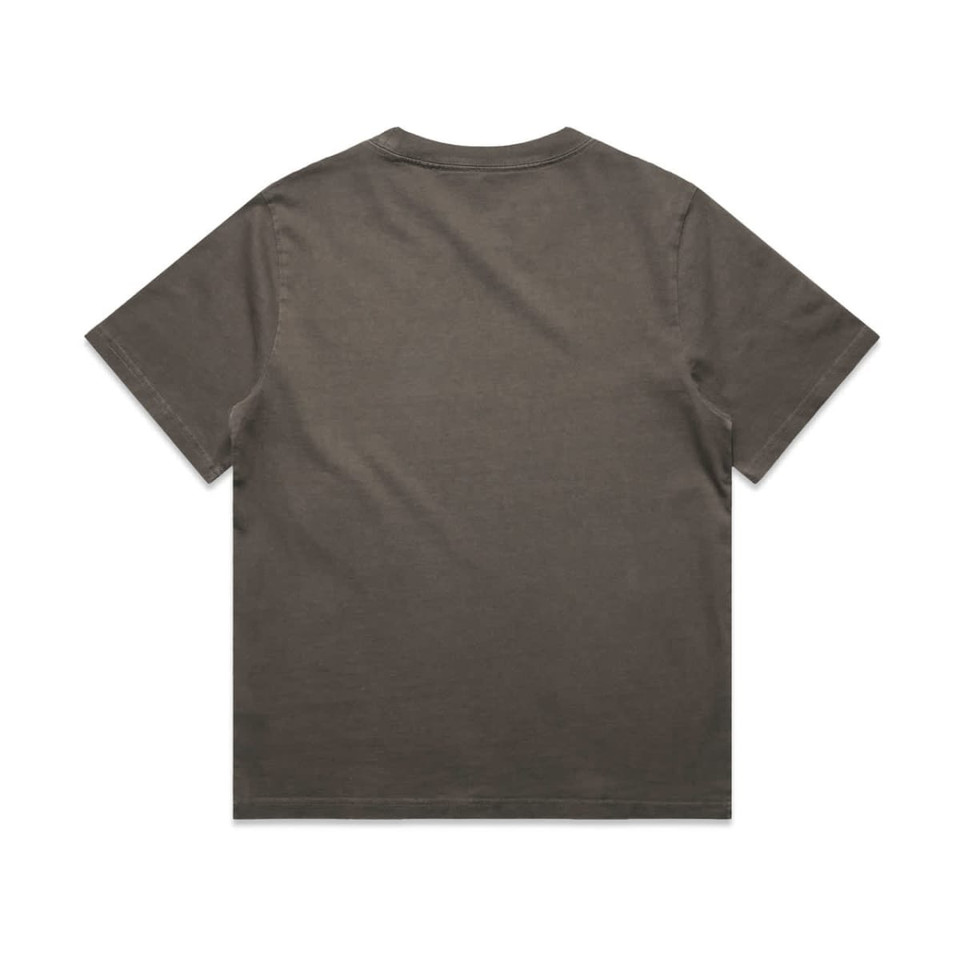 A heavy faded tee in a muted olive colour with a relaxed fit. The back is plain with noticeable wear.