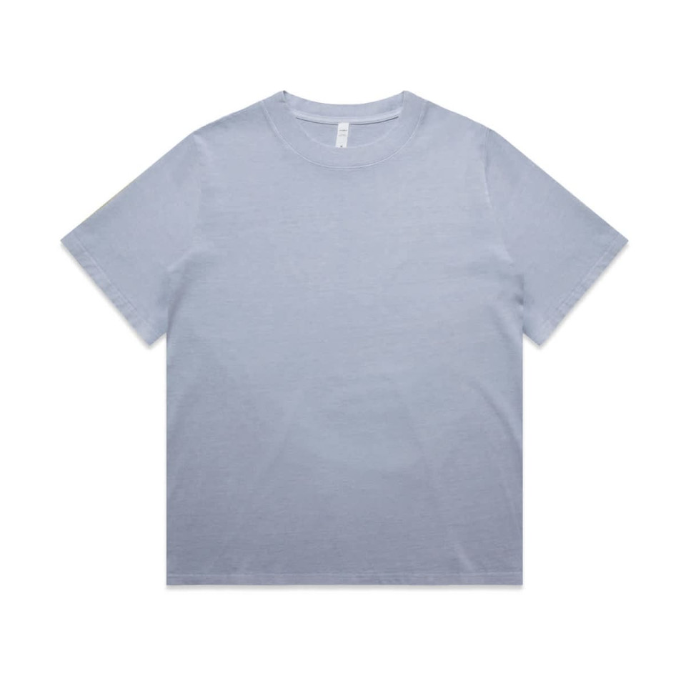 A light blue, heavy faded T-shirt featuring a classic crew neck design and a branding label.