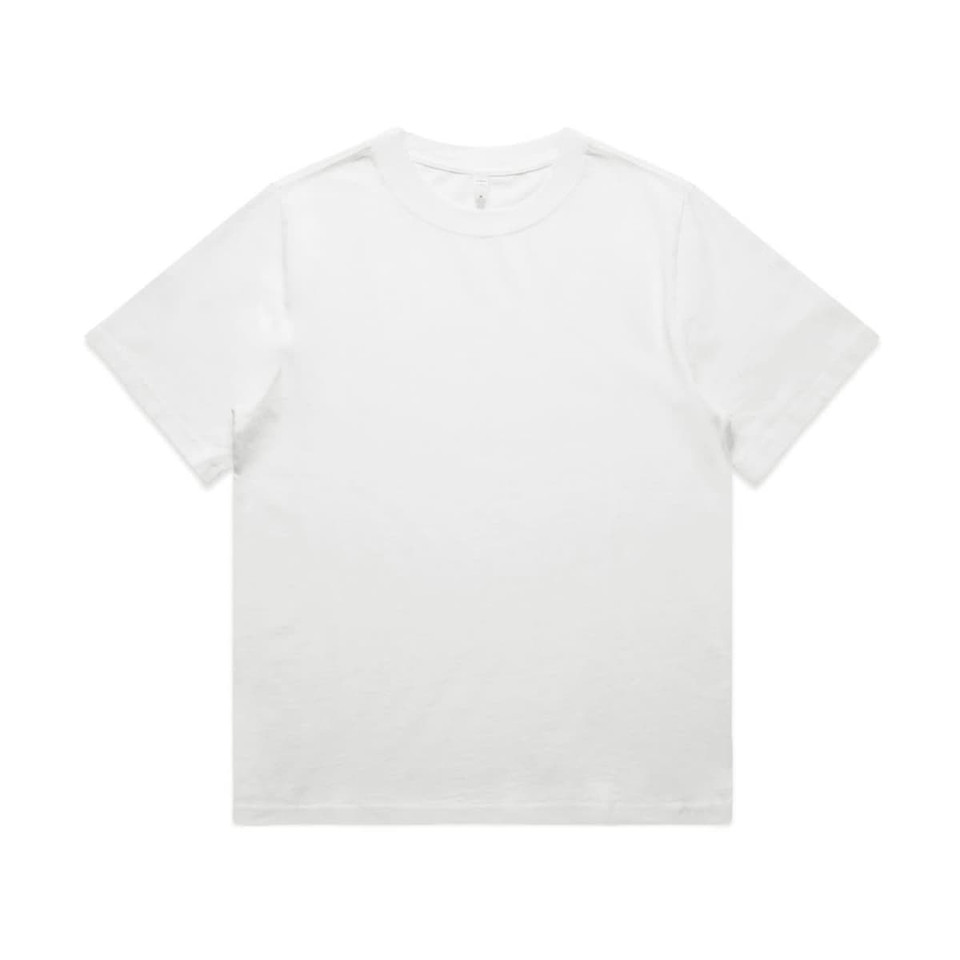 A white, heavy faded T-shirt featuring a minimalist design and a logo. Short sleeves and a classic fit.
