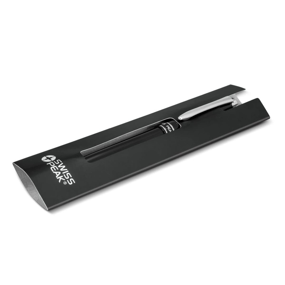 A black metal ballpoint pen with a silver clip, presented in a sleek black packaging featuring a logo.