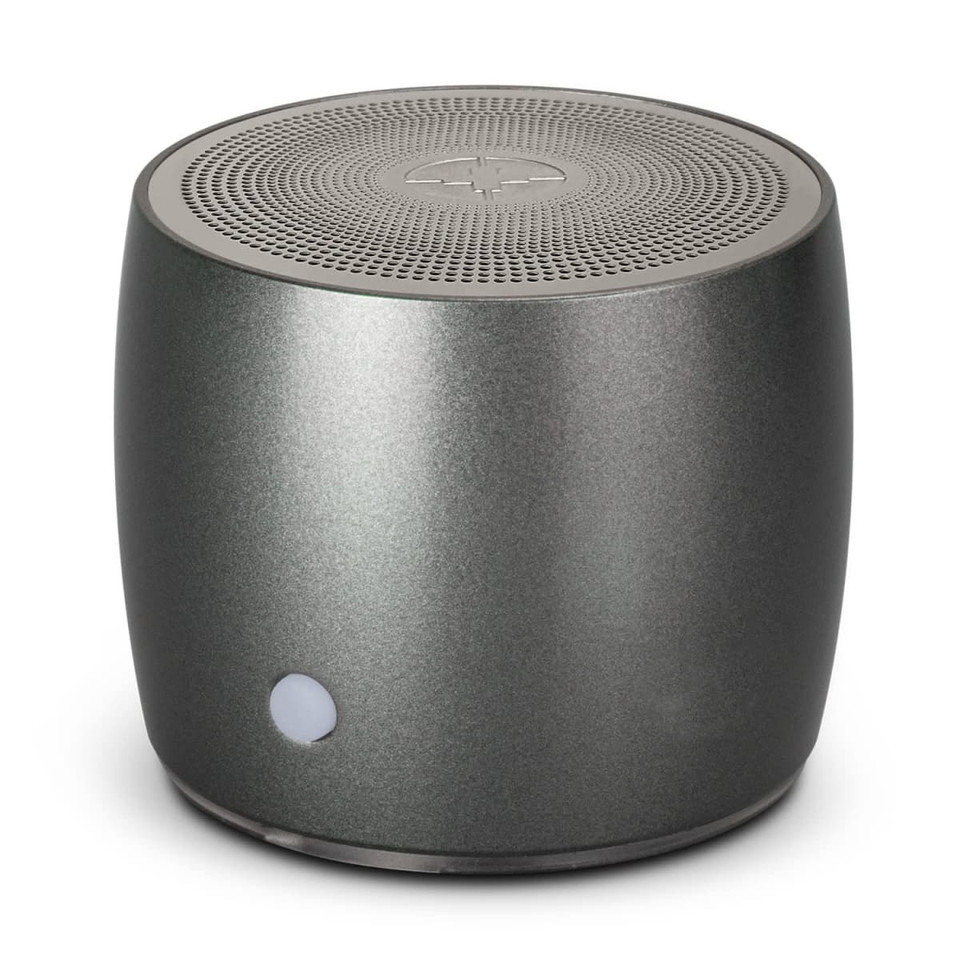 A sleek grey Swiss Peak Bass Speaker with a rounded design and perforated top for sound. Features a logo on the side.