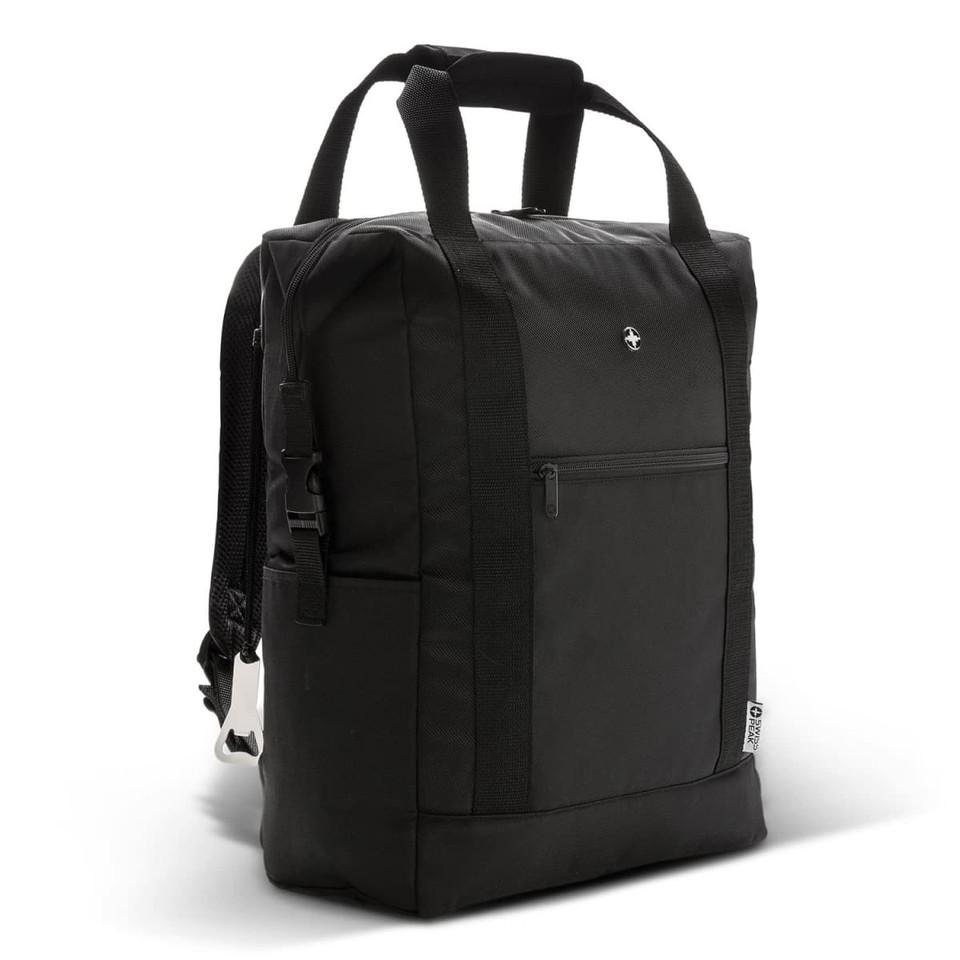 A black cooler totepac with carry handles, shoulder straps, and a front zippered pocket. It features a logo.