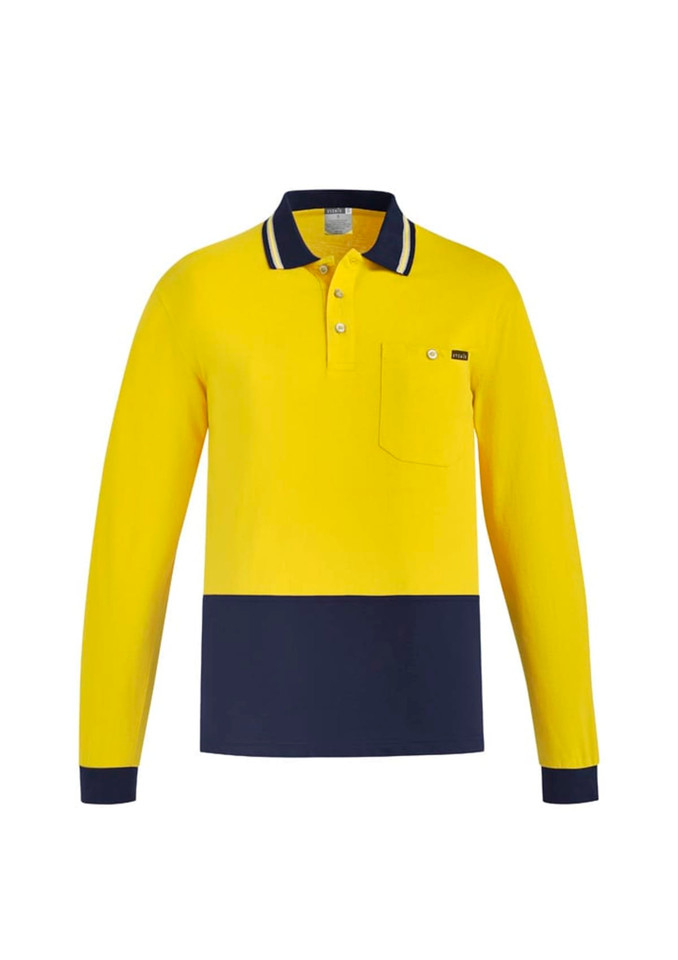 A long sleeve polo in bright yellow with a navy lower section and a pocket, featuring a logo on the chest.
