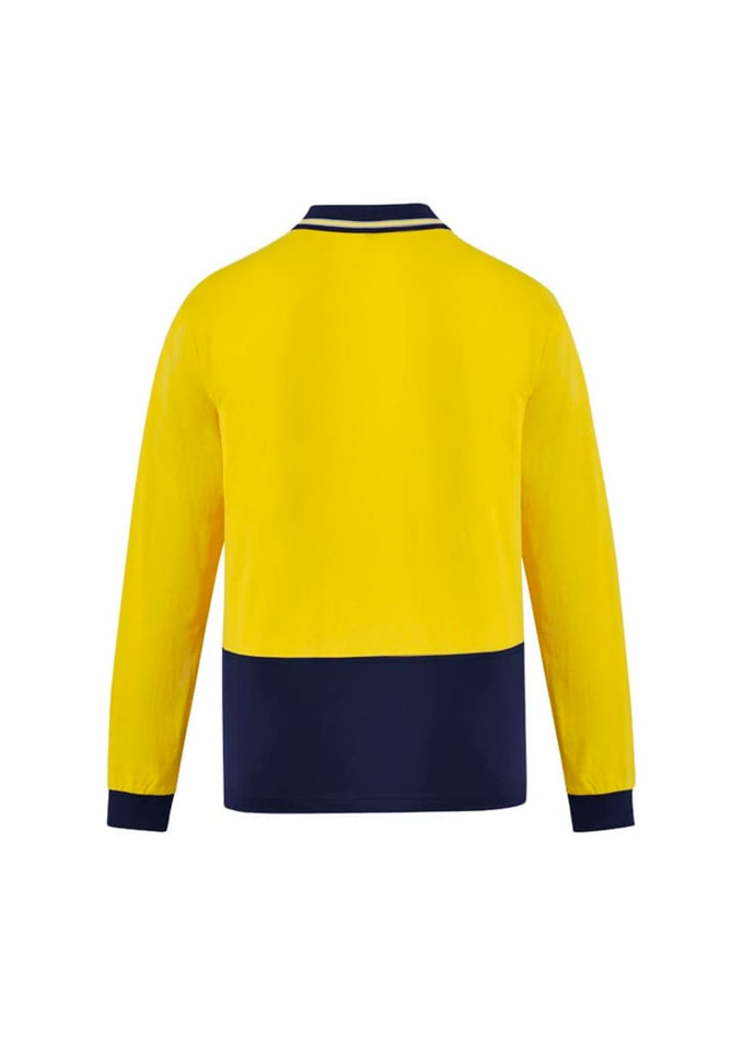 A long sleeve polo shirt in bright yellow with a navy blue lower section and a logo on the chest area.