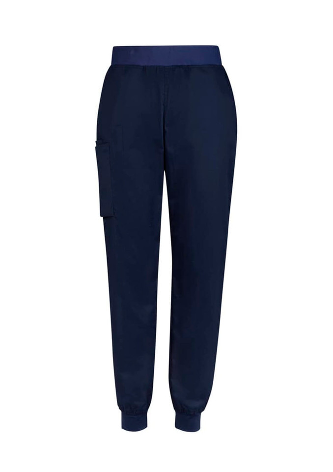A pair of navy slim leg jogger scrub pants with an elastic waistband and side pocket.