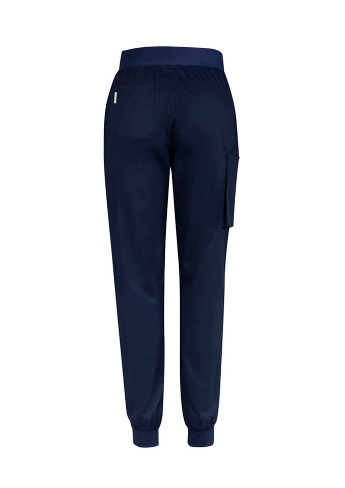 Navy slim leg jogger scrub pants with an elastic waistband and pockets, featuring a logo.