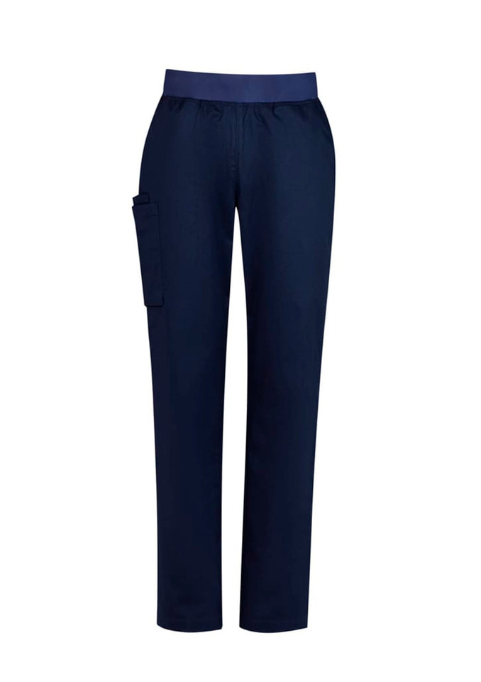 Navy women's straight-leg scrub pants featuring a side pocket and an elastic waistband. Includes branding on the waistband.