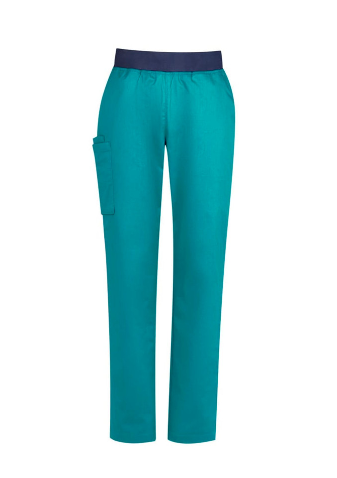 Teal women's straight leg scrub pants with a navy waistband and side pocket, featuring a logo.