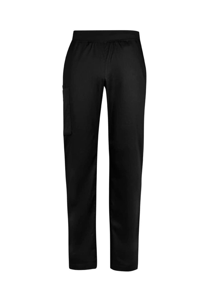 Black straight leg scrub pants with a side pocket, featuring an elastic waistband and a logo on the fabric.