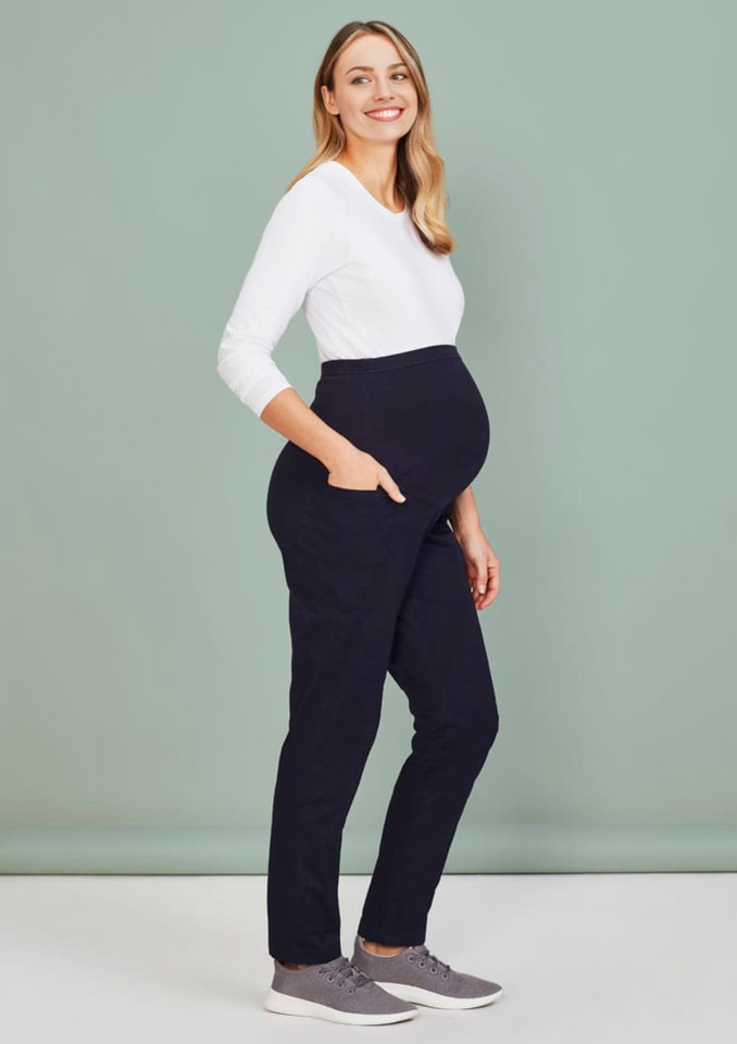 A maternity scrub pant in navy blue, designed for women, featuring side pockets and a comfortable fit.