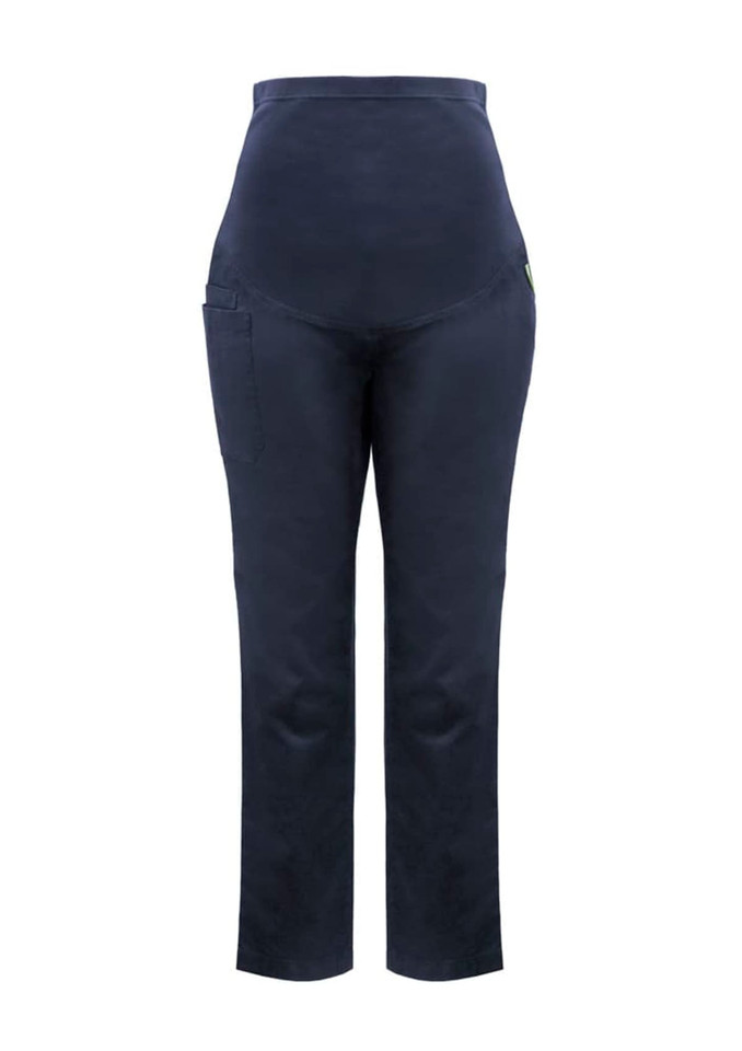 Rose maternity scrub pants in navy blue with a high waistband and side pocket, featuring a small logo.