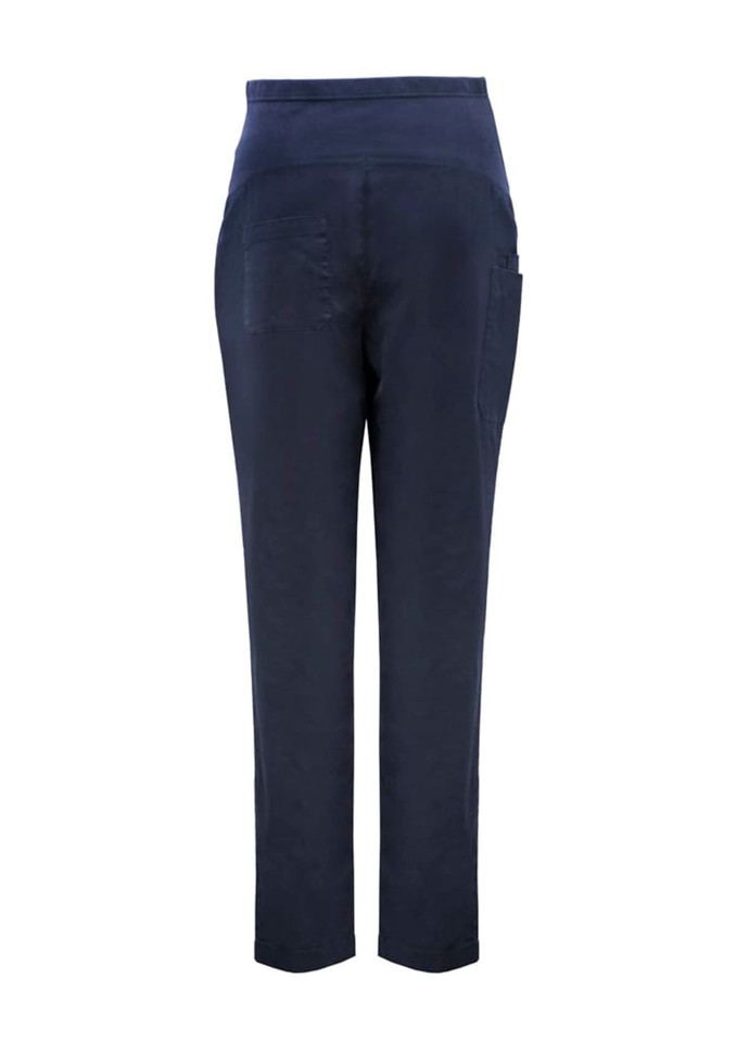 Navy women's maternity scrub pants with a high waistband and back pockets. Features a simple design with a logo.